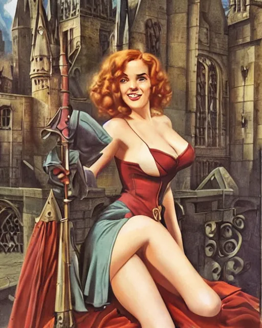 Image similar to pinup photo of hermione granger by emma watson in the crowded square of hogwarts, gil elvgren, enoch bolles, kezie demessance, glossy skin, pearlescent, very coherent, very detailed