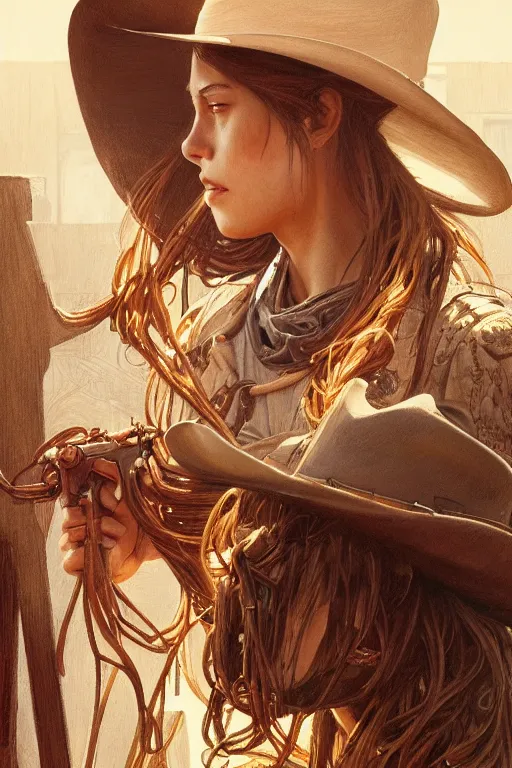 Image similar to Ultra realistic illustration of cowboy, spaghetti western, train station, hot day, intricate, elegant, highly detailed, digital painting, artstation, concept art, smooth, sharp focus, art by artgerm and greg rutkowski and alphonse mucha