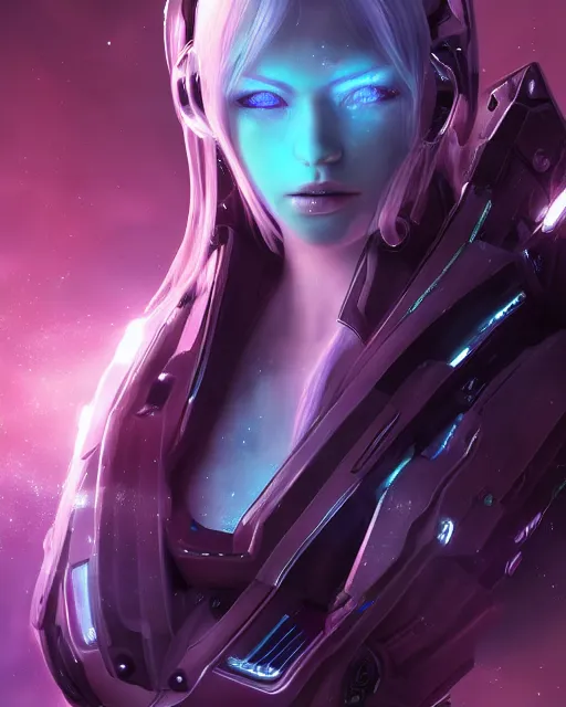 Image similar to perfect android girl on a mothership, warframe armor, beautiful face, scifi, futuristic, galaxy, nebula, bae suzy, dreamy, long white hair!!!, blue cyborg eyes, sharp focus, cinematic lighting, highly detailed, artstation, divine, by gauthier leblanc, kazuya takahashi, huifeng huang