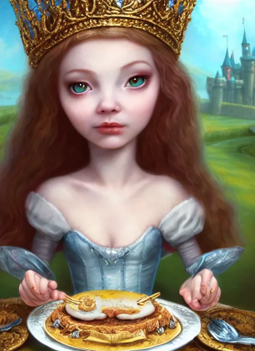 Image similar to highly detailed closeup portrait of a grinning fairytale medieval princess eating birthday cake, unreal engine, nicoletta ceccoli, mark ryden, lostfish, earl norem, global illumination, god rays, detailed and intricate environment