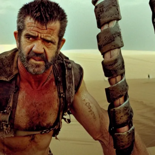 Image similar to mel gibson in mad max fury road, cinestill colour, anamorphic