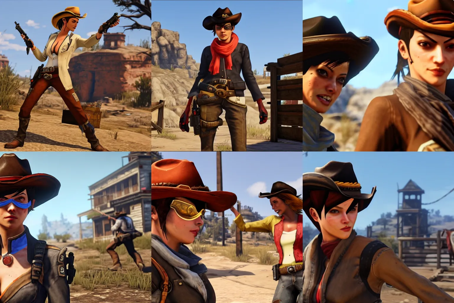 Prompt: tracer from overwatch in cowboy hat is in red dead redemption fighting a drunkard, 4 k game screenshow