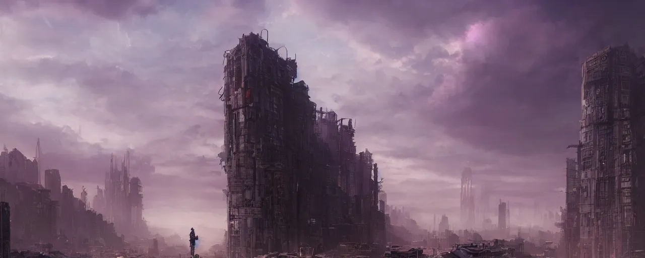 Image similar to Giant megacity looming across the landscape, dystopian, post apocalyptic, the sky is purple, very detailed concept art, matte painting, digital art, concept art, realistic beautiful, trending on Artstation, Greg Rutkowski