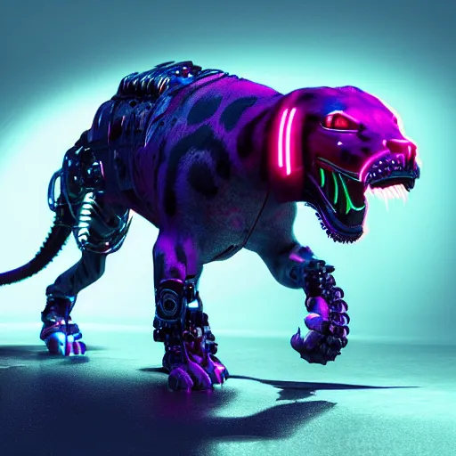 Image similar to a neon cyberpunk cyborg jaguar animal pouncing, octane render