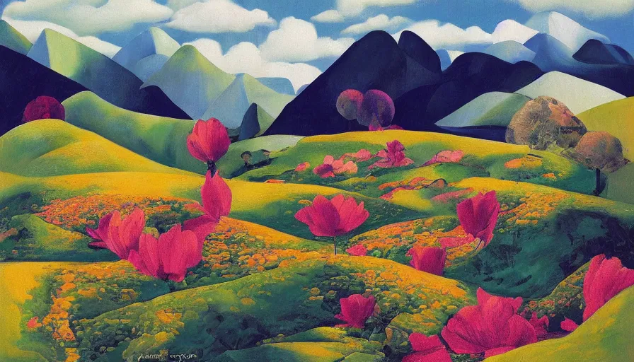 Image similar to mountain landscape in spring, flowers, teal landscape, dreamy light, sunny complementary palette, by and jacek yerga and tamara de lempicka and jesse king, pop surrealist, wiccan