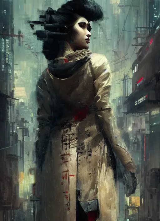 Prompt: cyberpunk geisha, rule of thirds, intricate outfit, spotlight, by greg rutkowski, by jeremy mann, digital painting