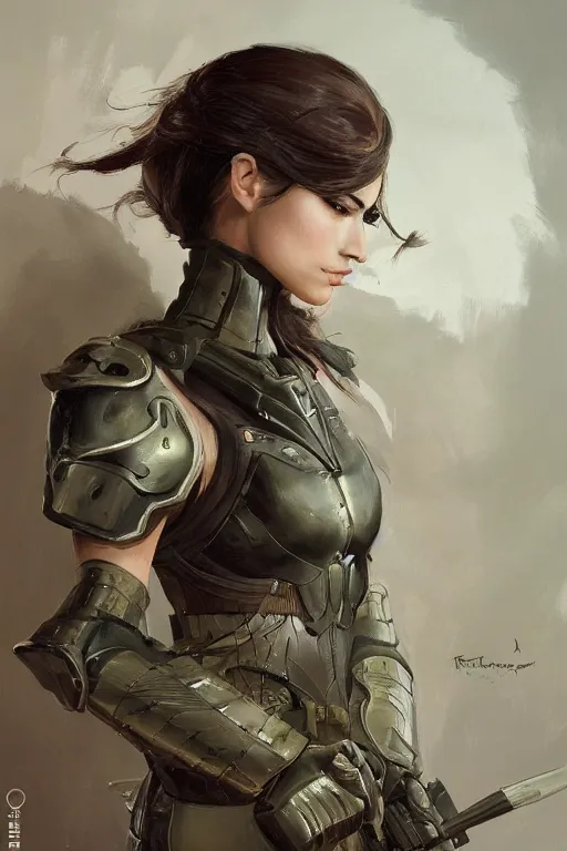 Image similar to a professionally painted portrait of an attractive young woman, clothed in military armor, olive skin, long dark hair, beautiful bone structure, symmetrical facial features, intricate, elegant, digital painting, trending on Artstation, concept art, smooth, sharp focus, illustration, from Metal Gear by Ruan Jia and Mandy Jurgens and Artgerm and William-Adolphe Bouguerea, award winning