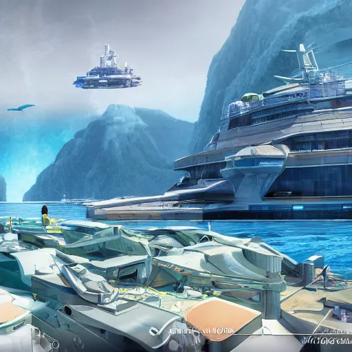 Image similar to a view from a boat of a seasteading community, ( ( open ocean ) ), fusion of subnautica and star trek!, drawn by noriyoshi ohrai, beautifully detailed 4 k octane render, 4 k post processing