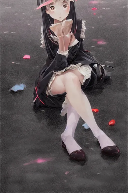 Prompt: A stern girl in Japanese maid's clothes and long stockings sits on the wet pavement in a parking lot in the rain at night. Dark 3d anime drawing art by Ruan Jia and Mandy Jurgens and Artgerm and William-Adolphe Bouguerea Sakimichan