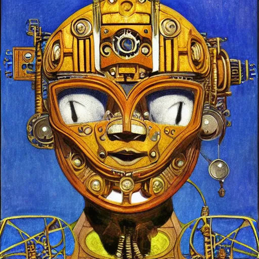 Image similar to the robot in her intricate mechanical mask, by annie swynnerton and diego rivera and kit williams and leo and diane dillon, symbolist, dramatic lighting, elaborate geometric ornament, art brut, god rays, soft cool colors, smooth, sharp focus, extremely detailed, adolf wolfli