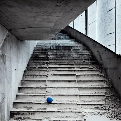 Image similar to dingy abandoned concrete room, triangular room, blue pool tiles, liminal space, museum, concrete staircase leading down, staircase flooded with water to create a moon pool, Photograph, found footage, dark, dingy.