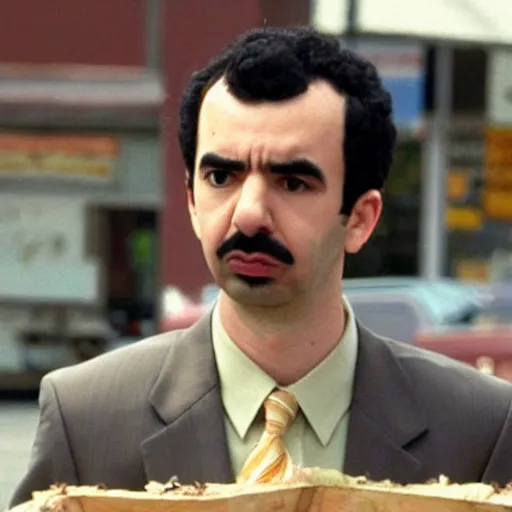 Prompt: “a still of Nathan Fielder as Borat in Borat (2007)”