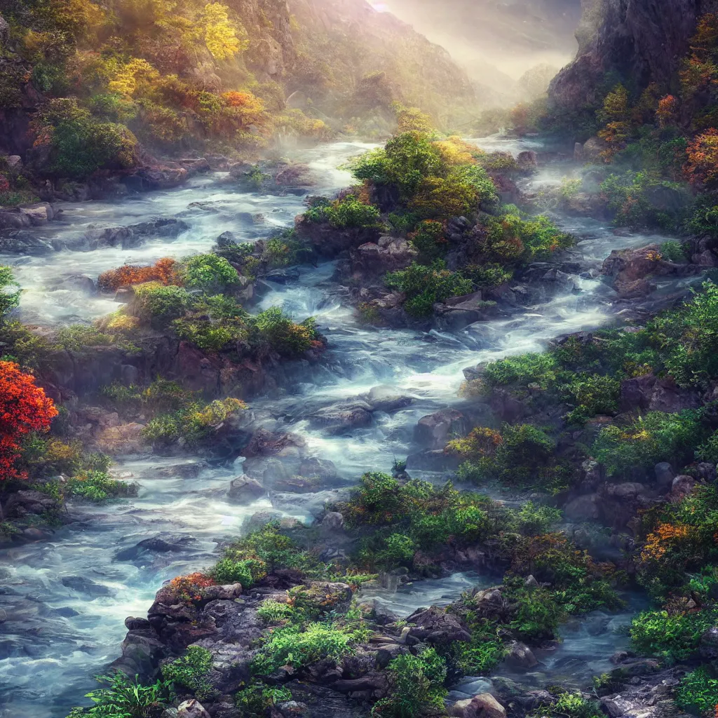 Prompt: a river flowing between mountains, ultrafine highly detailed hyper colorful illustration, sharp focus, unreal engine highly rendered, global illumination, radiant light, subtle light fog, intricate and detailed environment