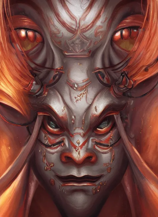 Prompt: a beautiful detailed oil on copper art illustration of a oni hannya mask shogun woman, centered, by charlie bowater, zeng fanzh, trending on artstation, dim dusk lighting, cinematic lighting, detailed lighting, volumetric lighting, realistic, f 8, 4 k hd wallpaper