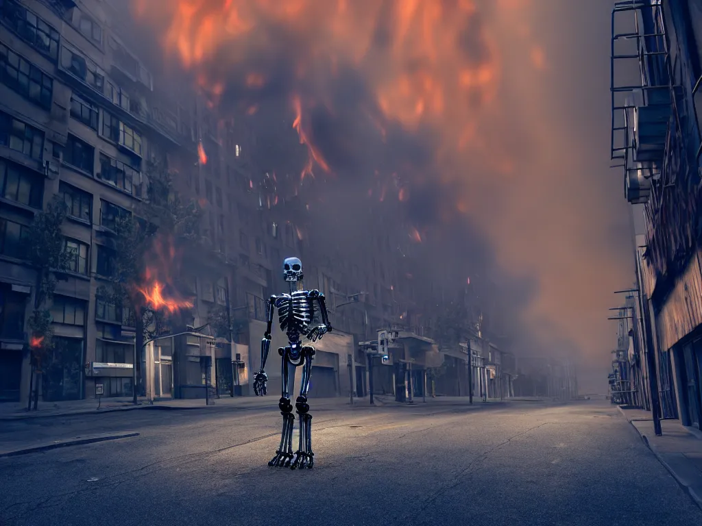 Prompt: t 1 0 0 endoskeleton on a city street, smoke, fi, chrome, shiny, reflective, metallic, 3 d, render, realistic, hdr, stan winston studios, dramatic lighting, flame colors bright