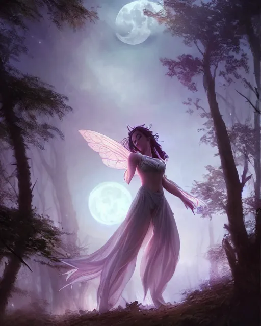 Image similar to attractive fairy goddness fly high in the night, d & d, fantasy, mist, full moon in background, trees, hyper detailed, art by artgerm and greg rutkowski and magali villeneuve, midium shot, 8 k realistic, cryengine, digital painting, trending on artstation, concept art, sharp focus, illustration,