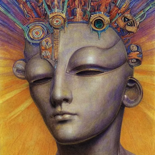 Image similar to masterpiece painting of the head of the robot flower king, by annie swynnerton and jean delville and tino rodriguez, flower mask, symbolist, dramatic lighting, god rays, elaborate geometric ornament, art brut, soft cool colors, smooth, sharp focus, extremely detailed, adolf wolfli