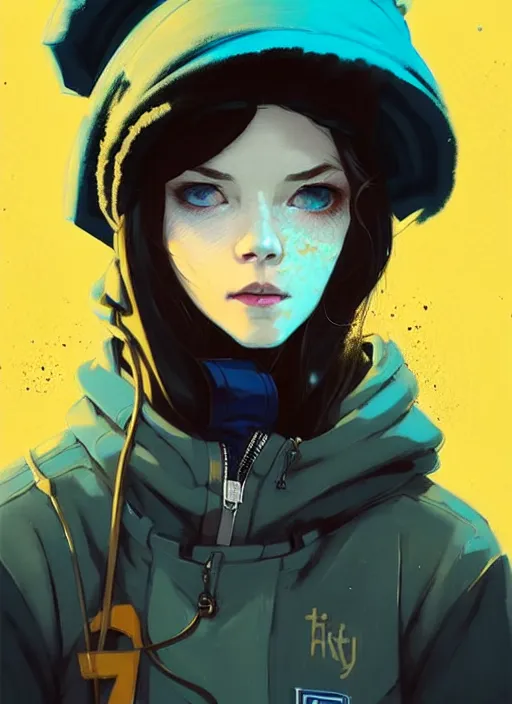 Image similar to highly detailed portrait of a sewerpunk pretty young adult lady, blue eyes, hoody, hat, by atey ghailan, by greg rutkowski, by greg, tocchini, by james gilleard, by joe fenton, by kaethe butcher, gradient yellow, black, brown and cyan color scheme, grunge aesthetic!!! ( ( graffiti tag street background ) )