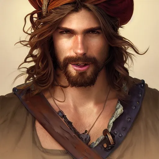 Image similar to portrait of a young ruggedly handsome but joyful pirate, male, masculine, nose ring, upper body, red hair, long hair, d & d, fantasy, joyful smirk, intricate, elegant, highly detailed, digital painting, artstation, concept art, matte, sharp focus, illustration, art by artgerm and greg rutkowski and alphonse mucha