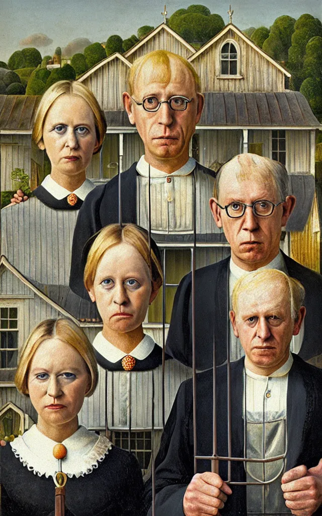 Prompt: boris johnson and liz truss standing together painting in the style of american gothic frant wood, hyper real ,