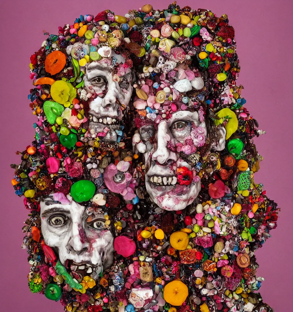 Prompt: portrait headshot of a zombie punk, head made of fruit gems and flowers in the style of arcimboldo, david altmejd, photorealistic, dynamic lighting, action figure, clay sculpture, claymation, cloudy pink background