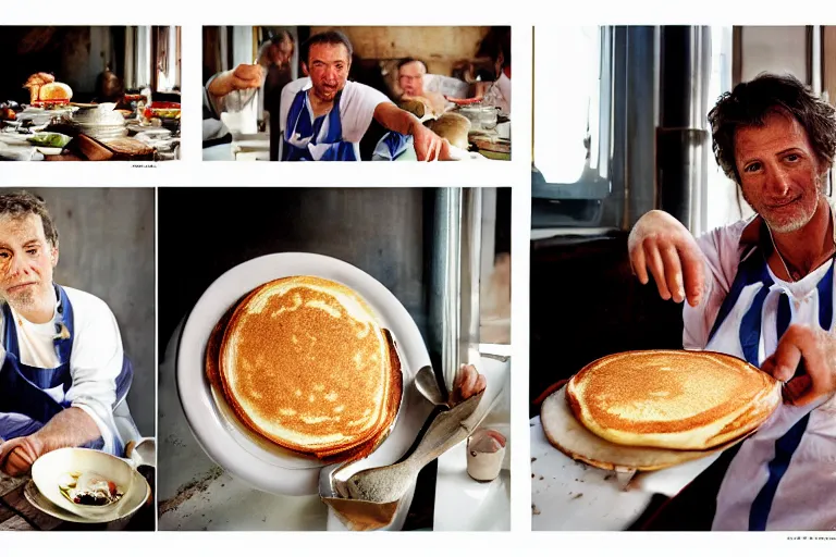 Image similar to closeup potrait Dutch chefs impressing french peasants with superior pancakes, natural light, sharp, detailed face, magazine, press, photo, Steve McCurry, David Lazar, Canon, Nikon, focus