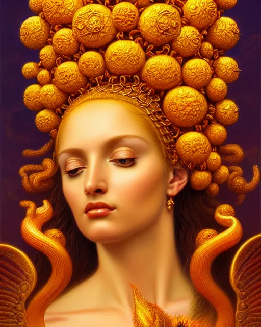 Image similar to portrait of the goddess of golden fire, unusual beauty, flowers and plants, emotionally evoking symbolic metaphors, head in focus, fantasy, ornamental, intricate, elegant, sensual, highly detailed digital painting, artstation, concept art, painterly, golden ratio, sharp focus, illustration, art by John William Godward and Boris Vallejo and Zdzisław Beksiński,