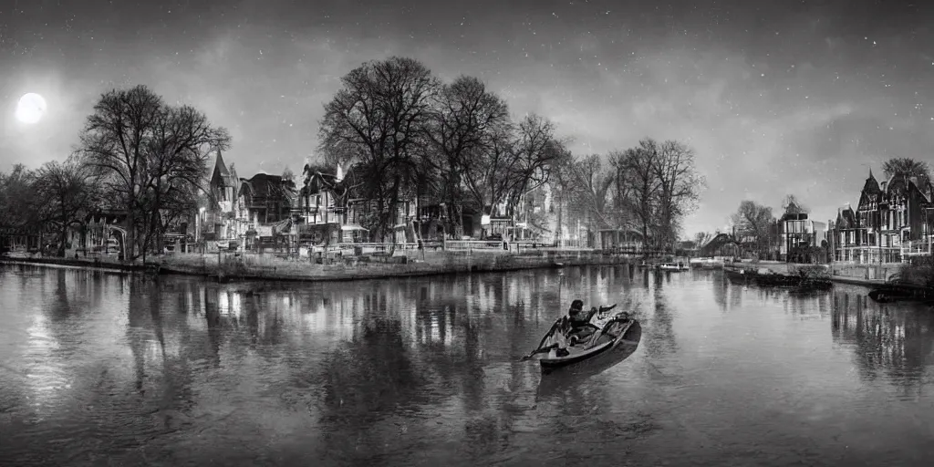 Image similar to Dutch houses along a river, silhouette!!!, Circular white full moon, black sky with stars, lit windows, stars in the sky, b&w!, Reflections on the river, a man is punting, flat!!, Front profile!!!!, high contrast, HDR, concept art, street lanterns, 1904, Style of Frank Weston, illustration