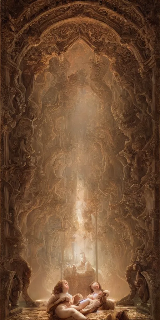 Image similar to a stunning and noble highly detailed romantic period style painting of the place where gods come into being by james jean, josep tapiro baro and harles sillem lidderdale, trending on artstation, oil painting masterpiece, symmetry, rule of thirds, mysterious