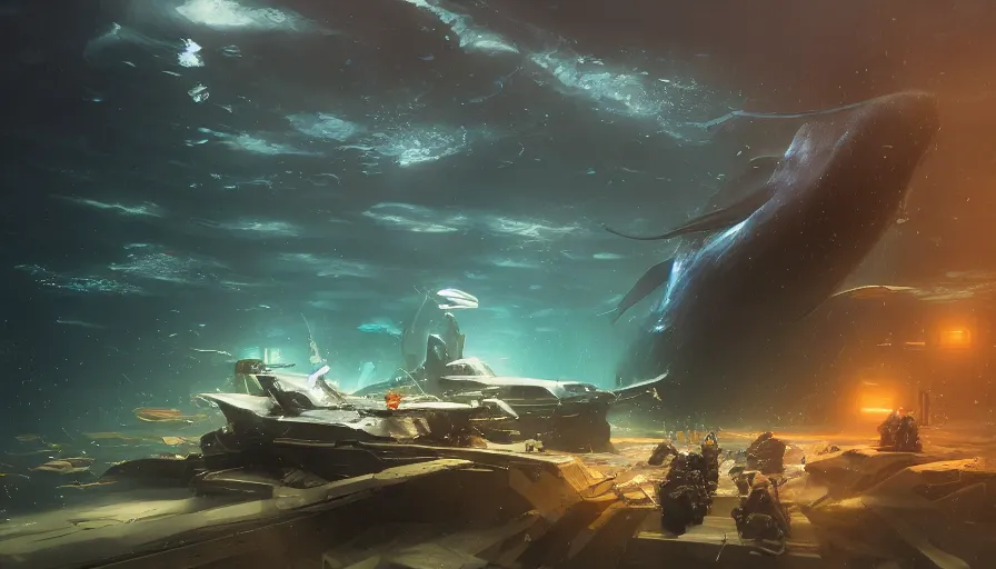 Image similar to underwater walking military mechs, glowing lights, whales, light, shadows, rippling reflections, epic composition, intricate, elegant, volumetric lighting, digital painting, highly detailed, artstation, sharp focus, illustration, concept art, ruan jia, steve mccurry