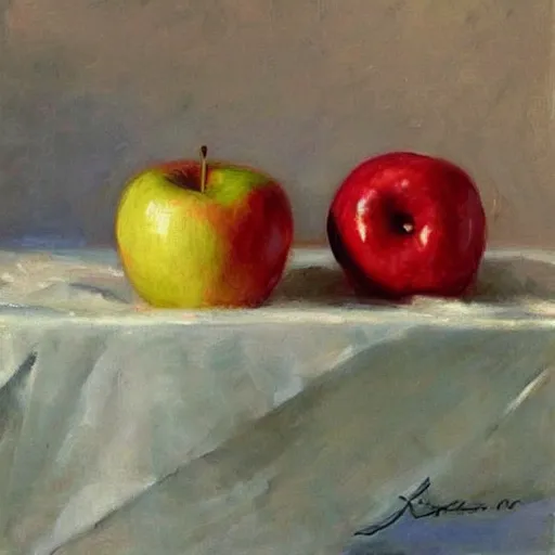 Prompt: an apple on a table, art by konstantin razumov