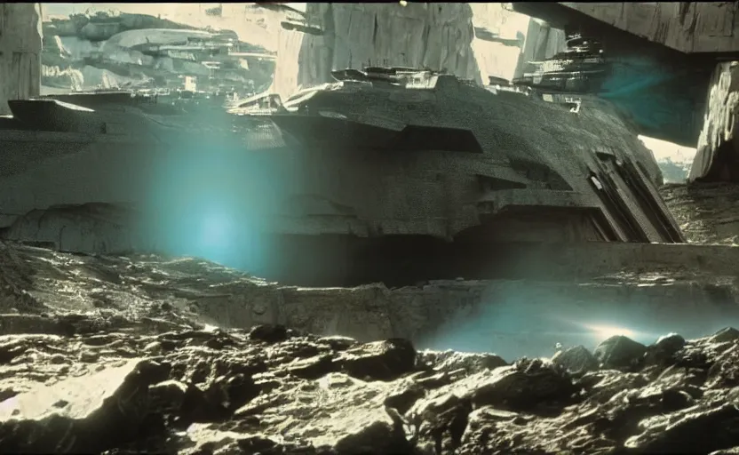 Image similar to iconic cinematic screen shot of star destroyer waterfall canyon planet, from the action packed scene from the 1 9 7 0 s star wars sci fi film by stanley kubrick, glowing lasers, kodak film stock, anamorphic lenses 2 4 mm, lens flare, iconic cinematography, award winning