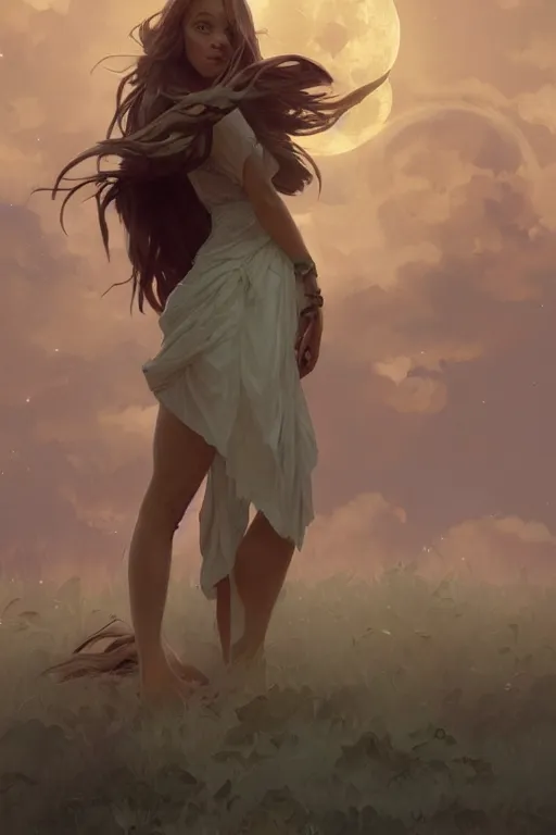 Prompt: fantasy, beautiful leg, long hair, girl, portrait, side view, cloud sky and moon night background, high detail, cinematic lighting, concept art, digital art, illustration, smooth, sharp focus, greg rutkowski, alphonse mucha, loish, wlop, trending on artstation, trending on deviantart