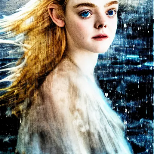 Prompt: Elle Fanning in Santorini at night, head and shoulders portrait, stormy weather, extremely detailed masterpiece, Roger Deakin’s cinematography, oil on canvas, Yoji Shinkawa,