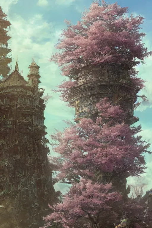 Image similar to hyperdetailed ancient wizard tower with sakura trees, cinematic highly detailed artstation hyperstylized illustrated by moebius and yoshitaka amano