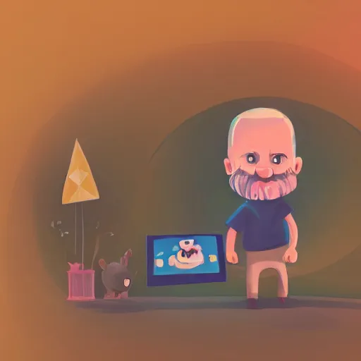 Image similar to cute cartoon character, curled perspective, digital art, baby girl, smiling beard grandpa taking photo, old photo camera, anton fadeev