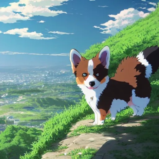 Prompt: adorable corgi puppy on a hill overlooking a city, detailed, scenic, cinematic, expansive, intricate, extremely beautiful still from an anime by makoto shinkai