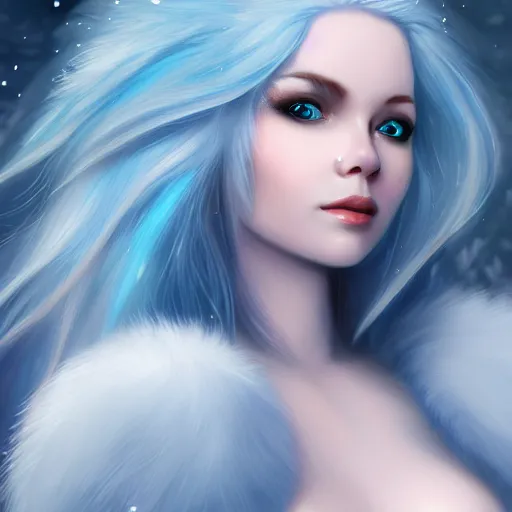 Prompt: a portrait of a beautiful winter fairy with blue hair, snow, fur wings, fantasy, realism, pretty, trending on artstation