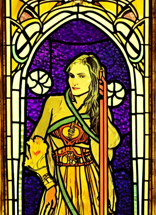 Prompt: stained glass portrait of gerard way, anjali mudra, alphonse mucha, van gogh, tarot, vivid, holy, smooth, golden light