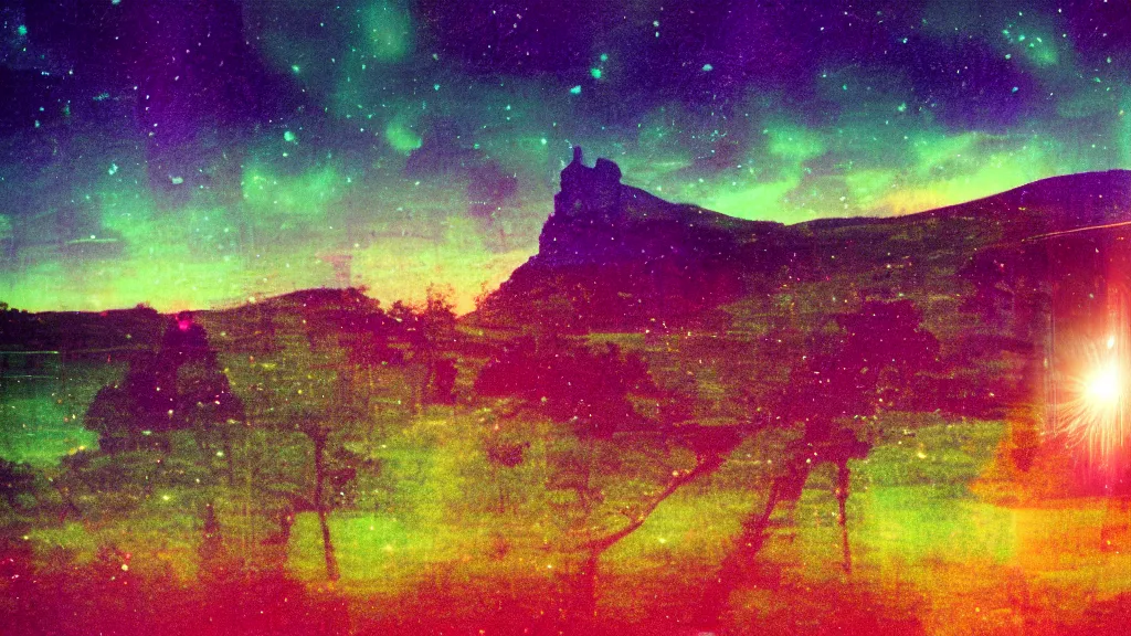 Image similar to double exposure of a beautiful golden hour welsh hill and beautifully enchanted fields, moonlight, aurora borealis, cosmic stars, grainy film, cinematic, haunted psychedelic VHS glitch