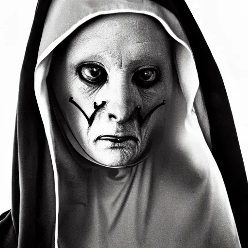 Prompt: a terrifying evil nun, hyper realistic dslr photo, 8 5 mm f / 1. 8, 8 k, studio lighting, style of virgil finlay, style of bernie wrightson, style of steve hanks, style of louis wain