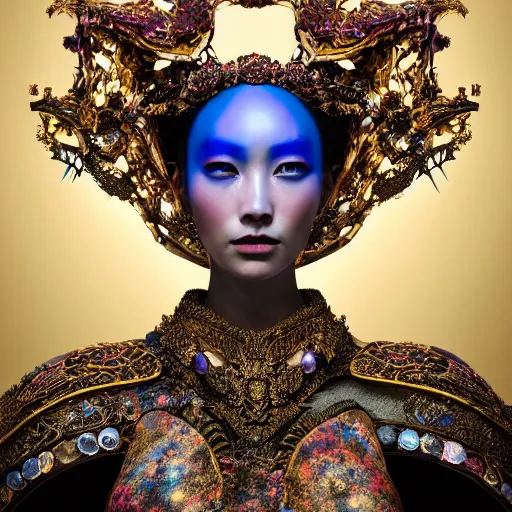 Image similar to a beautiful empress portrait, with a brilliant, impossible striking big cosmic galaxy headpiece, clothes entirely made out of cosmos chaos energy, symmetrical, dramatic studio lighting, rococo, baroque, jewels, asian, hyperrealism, closeup, D&D, fantasy, intricate, elegant, highly detailed, digital painting, artstation, octane render, 8k, concept art, matte, sharp focus, illustration, art by Artgerm and Greg Rutkowski and Alphonse Mucha