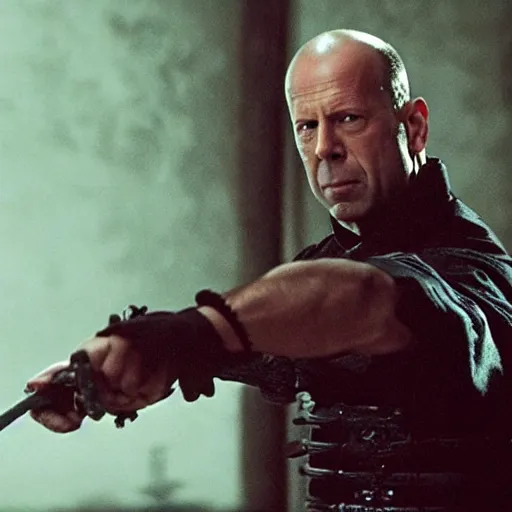 Image similar to an film still of bruce willis as samurai, cinematic, dramatic action