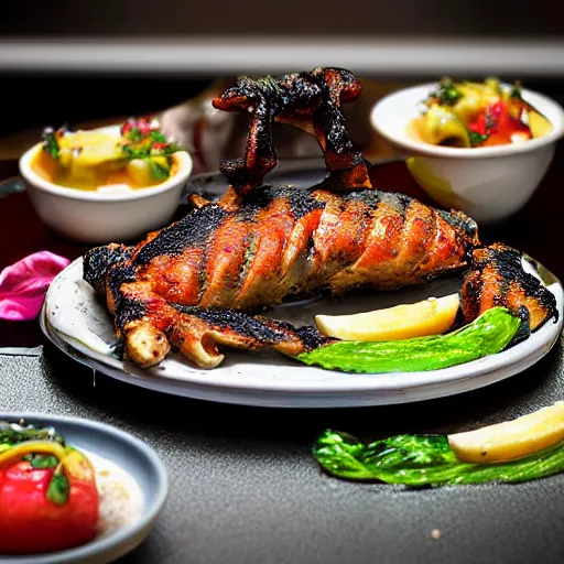 Prompt: mermaid grilled on a platter, food photography award winning rotisserie grilled mermaid