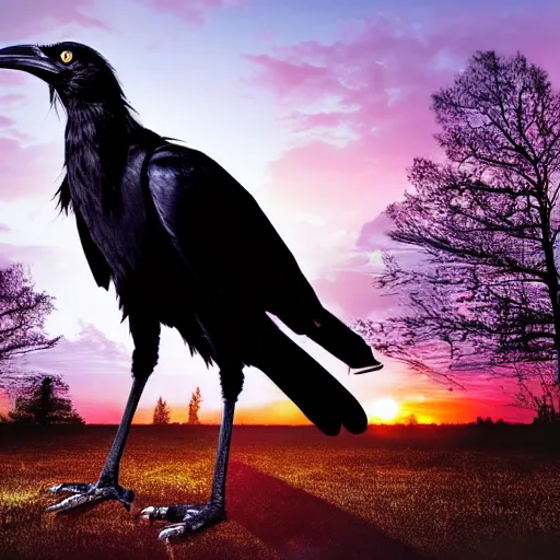 Image similar to a tall, muscular crow walking in a forest, sunset, realistic, romantic, enchanting, dreamy, IMAX