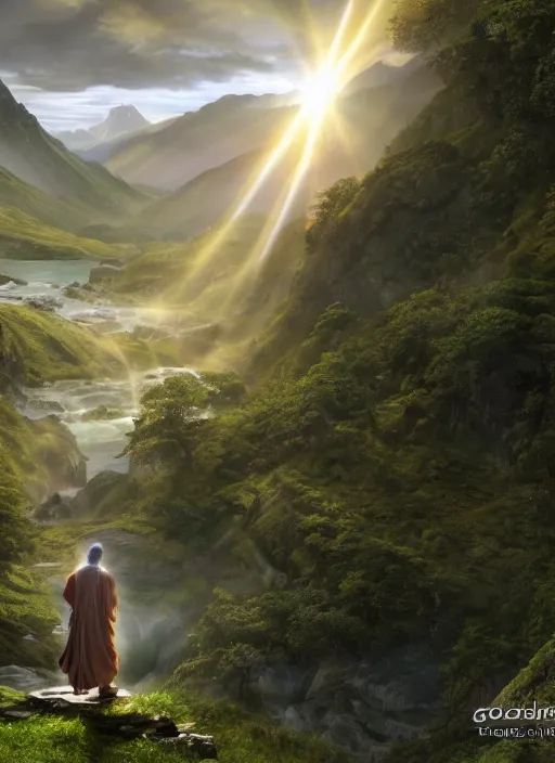Prompt: an astral monk in lord of the rings scenery landscape, looking out at a vast lush valley at sunrise, big tibetan temple complex on a mountain in the distance, river, waterfall, god's rays, highly detailed, vivid color, cinematic lighting, perfect composition, 8 k, gustave dore, derek zabrocki, greg rutkowski, belsinski, octane render