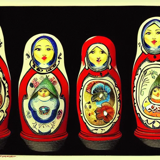 Image similar to a matryoshka doll, drawn by john tenniel