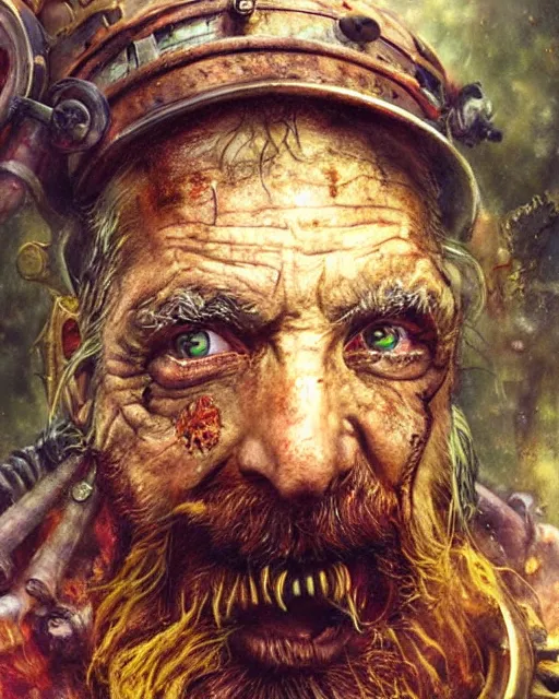 Prompt: a film still extreme close - up shot of an old steampunk wizard in a misty swamp by esao andrews. colorful, vibrant. trending on artstation