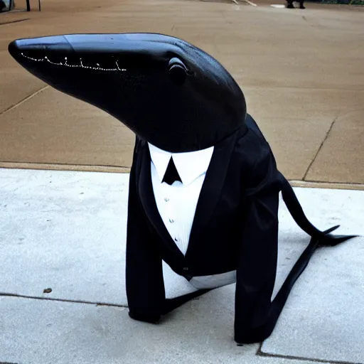 Prompt: a bipedal shark in a tuxedo getting ready for work