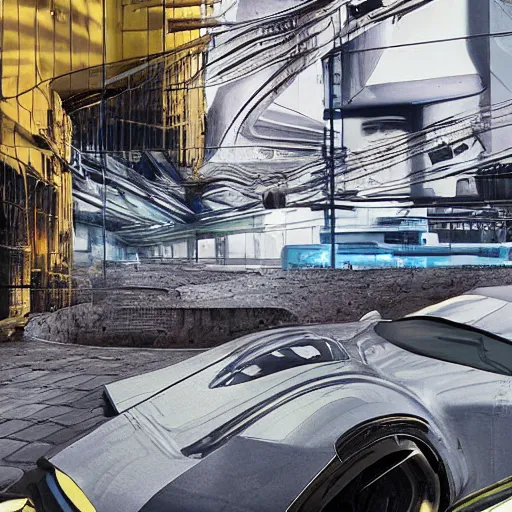 Image similar to car : motherboard forms designed by zaha hadid, a bit of graffiti forms sci-fi futuristic ultra realistic photography, keyshot render, octane render, unreal engine 5 render, high oiled liquid glossy specularity reflections, ultra detailed, golden hour, dramatic lighting 4k, 8k, 16k in the style ofblade runner 2049 Cyberpunk 2077 ghost in the shell thor 2 marvel film : tilt shift: sharp focus